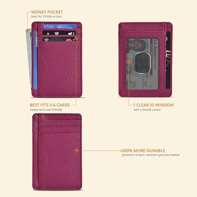 Slim Minimalist Leather RFID Front Pocket Card Holder Wallet, Dark Pink - Image 2