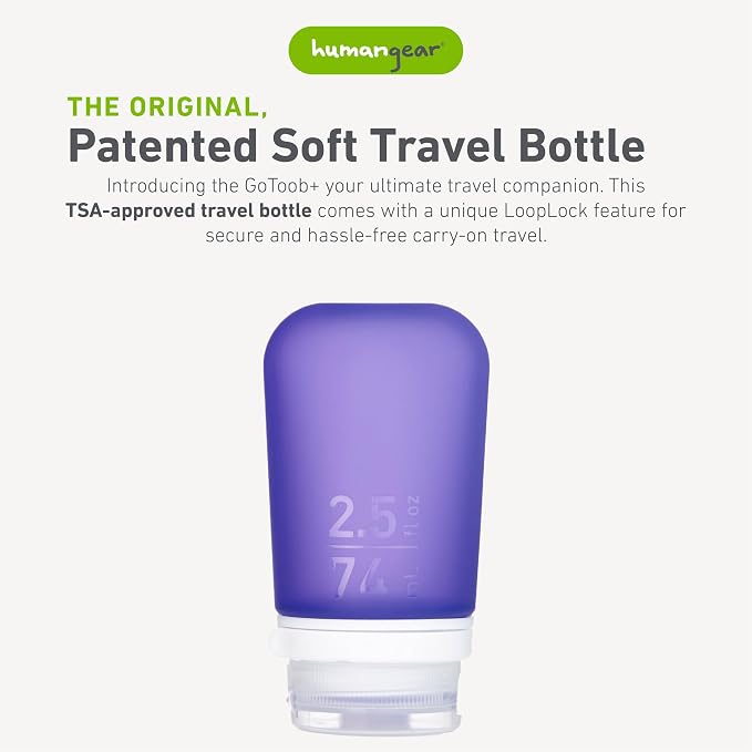 humangear GoToob+ (Medium) | Refillable Silicone Travel Bottle | Locking Lid | Food-Safe Material | Purple, Medium (2.5 fl.oz.; 74ml) | Refillable & Leak-Proof Silicone Travel Size Bottles with Locking Cap for Toiletries, Camping & TSA Carry-On - Image 2