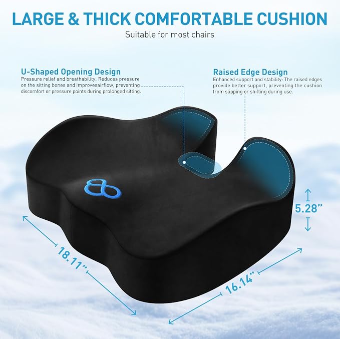 BlissTrends Thick Seat Cushion for Office Chair & Car Seat, XL, Black | 5.2in Memory Foam with Removable Velvet Cover, Ergonomic Tailbone & Sciatica Support for Pressure Relief and Long Sitting - Image 2