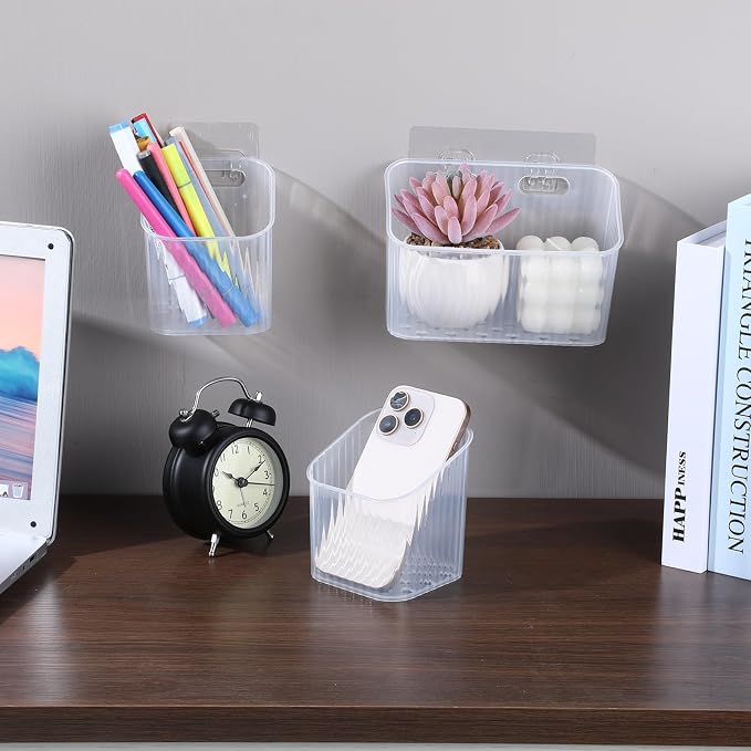 Clear Wall Basket, Wall Mounted Storage Bins, 8 Pcs | Plastic Cabinet Door Organizer Shower Caddy with Self-Adhesive Hanger, Containers Box for Bathroom Kitchen Pantry Countertop - Image 5