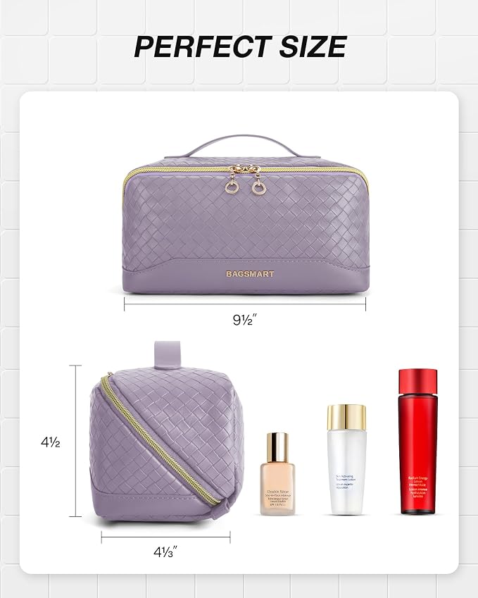 BAGSMART Makeup Bag, Travel Cosmetic Bag Organizer, PU Leather Water-Resistant Pouch, Open Flat Makeup Storage for Toiletries, Brushes, PU Leather Purple - Image 4