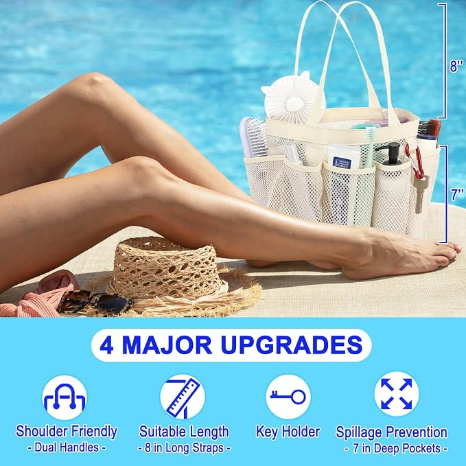 Fammart Mesh Shower Caddy Portable for College Dorm Room Essentials, Odorless Polyester Large Shower Tote Bag with Dual Handles, 8-Pocket Quick-Dry Toiletry Organizer for Travel, Beach, Camping, Gym - Image 5
