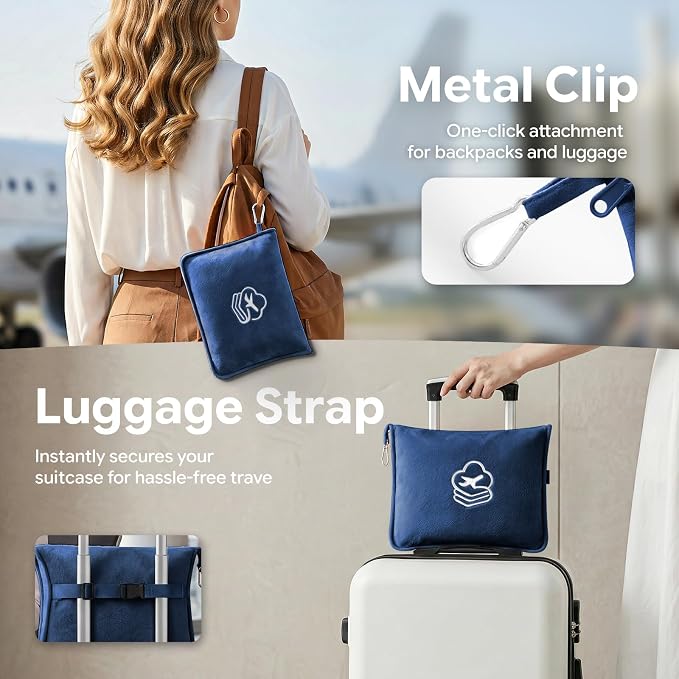 Travel Blanket, Soft 2-in-1 Airplane Blanket, 65x40 Inches, Travel Blanket Airplane Compact with Bag, Car Blanket with Luggage Sleeve & Backpack Clip (Navy Blue) - Image 4
