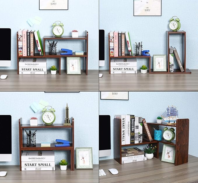 Desk Organizer Desktop Shelf Adjustable Countertop Bookshelf Small Table Shelves Book Organizer Office Organization for Desk, Antique Brown - Image 5