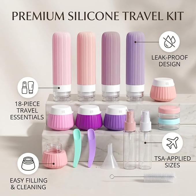 Travel Bottles Set 18 Pack, TSA Approved Leak Proof Silicone Travel Containers, Refillable Travel Size Containers for Toiletries, BPA Free, with Toiletry Bag for Shampoo Lotion Cream - Image 2