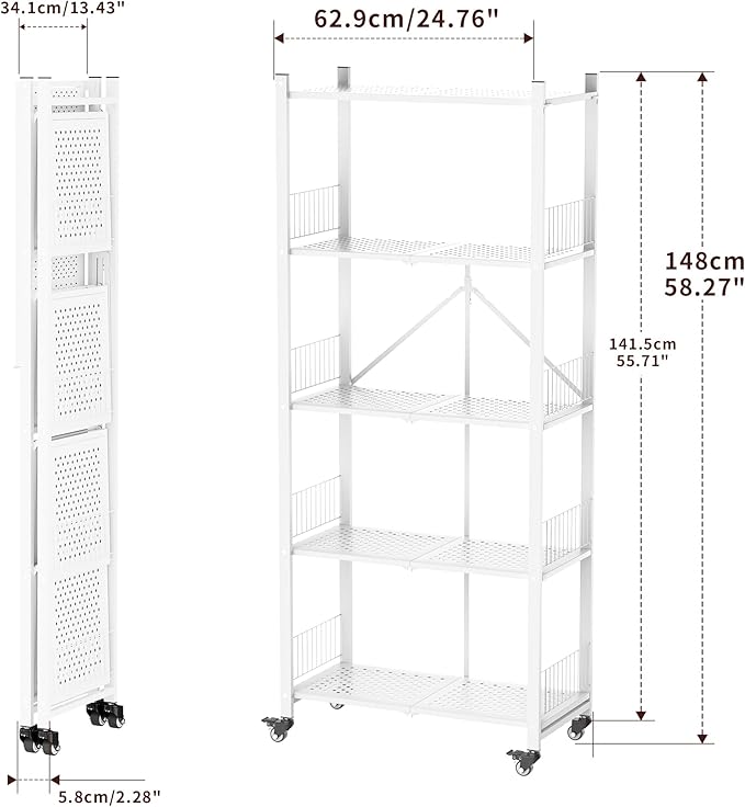 Folding Shelves No Assembly, 5 Tier Foldable Storage Shelves with Wheels, 220LBS Per Shelf Metal Collapsible Rack for Pantry Storage & Home Organization, White - Image 2