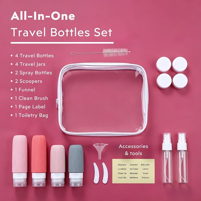 16 Pack Travel Bottles Set - TSA Approved Containers for Toiletries, Leak Proof Silicone Travel Size Containers with Jars, Spray Bottles & Clear Bag for Shampoo, Lotion - Image 2