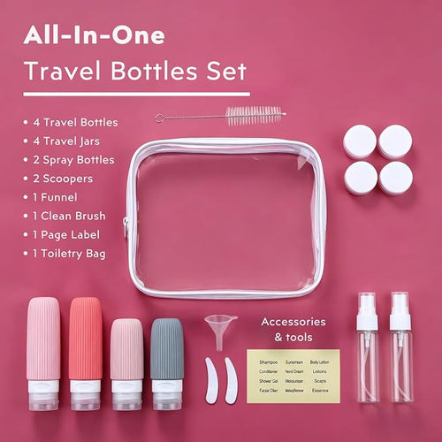 16 Pack Travel Bottles Set - TSA Approved Containers for Toiletries, Leak Proof Silicone Travel Size Containers with Jars, Spray Bottles & Clear Bag for Shampoo, Lotion - Image 2