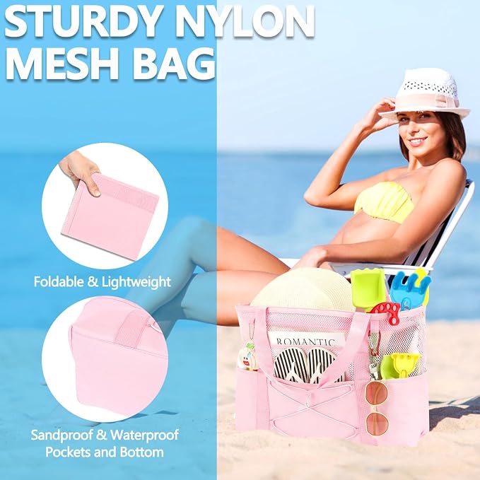 Fammart Mesh Beach Bag for Women, Large Beach Toy Pool Bag with Zipper Pocket, SandProof Cruise Essentials 2026 Family Travel - Image 6