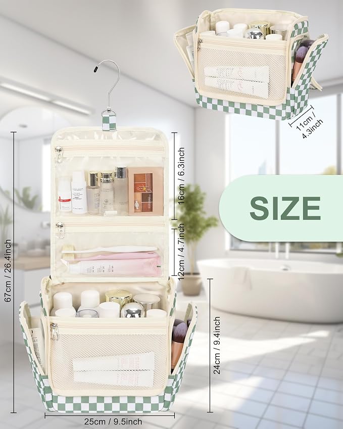 Relavel Travel Toiletry Bag for Women Makeup Bag Cosmetic Organizer Toiletries Bag with Hanging Hook for Travel Size Essentials Accessories Shower Caddy Bag for Bathroom Beach Gym, Green Checkerboard - Image 6