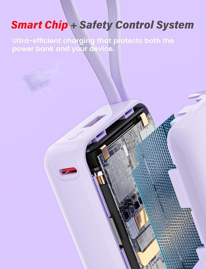 M1 Mini Portable Charger, 10000mAh Ultra-Compact Power Bank, 22.5W PD Fast Charging, Tpye-C Built-in Cable, Small External Battery Pack for iPhone, Samsung, Android iPad (Purple) - Image 5