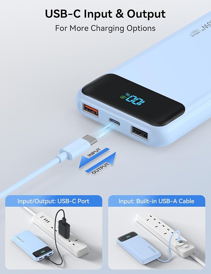 Nusyddy Portable Charger 10000mAh 22.5W w/4 Built-in Cables/6 Outputs Blue | 22.5W Fast Charging, LED Display, Pass Through Charging, Charge 6 Devices at once, TSA Approved, Fits iPhone, iPad, Samsung - Image 6