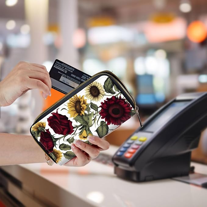 Wallet,Leather Long Wallet Suitable For Ladies And Teenagers - Detachable Wristband + RFID Travel Wallet With Card Slot - Roses Sunflower - Image 5