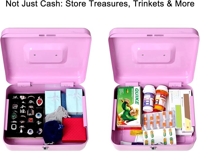 Jssmst Cash Box with Tray - Light Purple Money Box with Key Lock, Money Saving Box Lock Box, 9.84'' x 7.87'' x 2.6'', Light Purple - Image 5