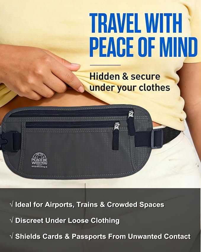 Money Belt for Travel, Passport Holder, RFID Blocking, Sweat-Proof, Gray | 3rd Gen Hidden Waist Wallet Anti Theft to Protect Cash, Credit Cards and Documents Under-Clothes for Men & Women, Bamneat - Image 2