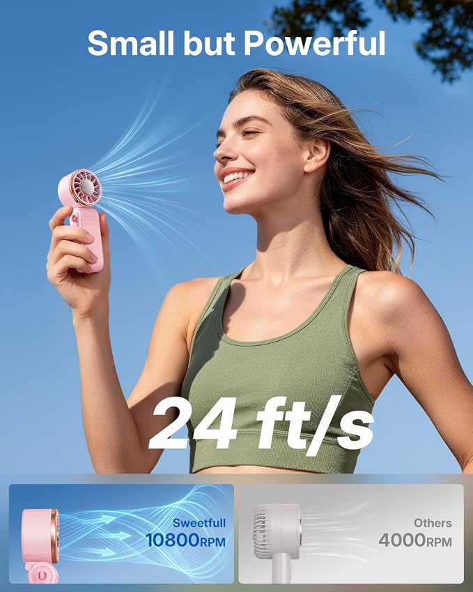 SWEETFULL Mini Portable Fan with Ice Cooling, Lightweight Handheld Pocket Turbo Fan Rechargeable, 3 Speed, Foldable Personal Hand Fan for Travel, Beach Vacation, Women Girls (Pink) - Image 5