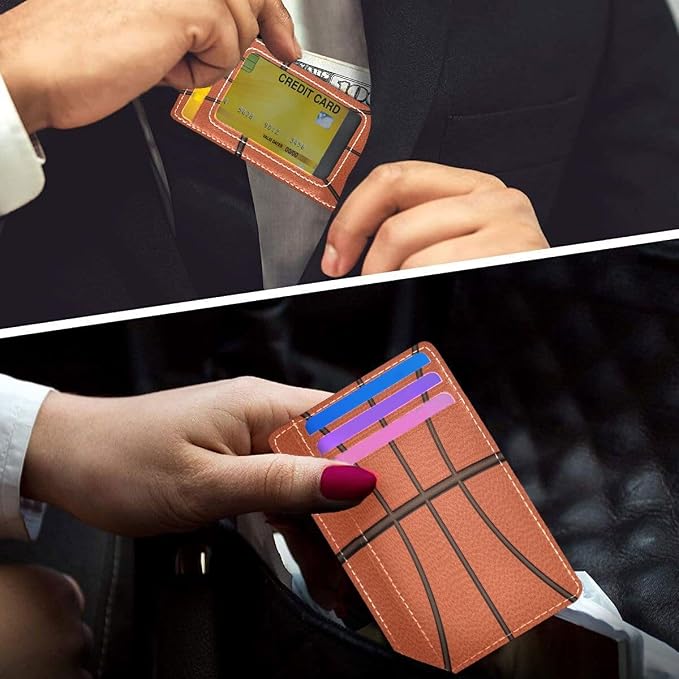 Front Pocket Minimalist Leather Slim Wallet Credit Card Holder Basketball for Men & Women - Image 6