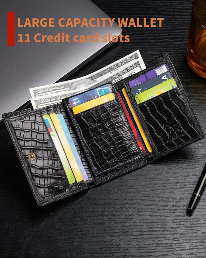 STEELLION Men's Trifold Wallet, Cowhide, 13 Card Slots, ID Window, RFID | Croc-embossed cowhide with a removable chain; practical organization for office, travel, and everyday carry (Black) - Image 4