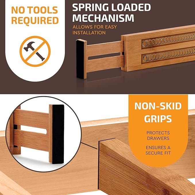 6-Pack Drawer Dividers 2.6-Inch High Dresser Drawer Organizer 16 to 22 Inch | Bamboo, Spring Loaded, No Tools Needed, Fits Wide Drawers for Socks, Clothes, Utensils, Bedroom, Bathroom, Kitchen, Office - Image 4