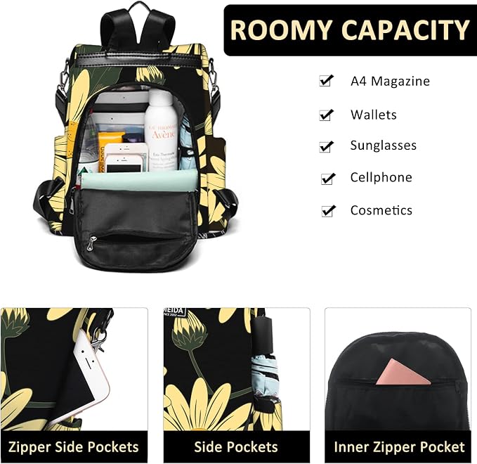 Backpack Purse for Women - Travel Anti-Theft Backpacks Nylon Waterproof Daypack College Bookbag Shoulder Bag Sunflower | Hidden Back Zipper Opening, Compact Travel Size,Summer Sunflower Purse, Daypack for College Work, Fits 13-inch laptop - Image 4