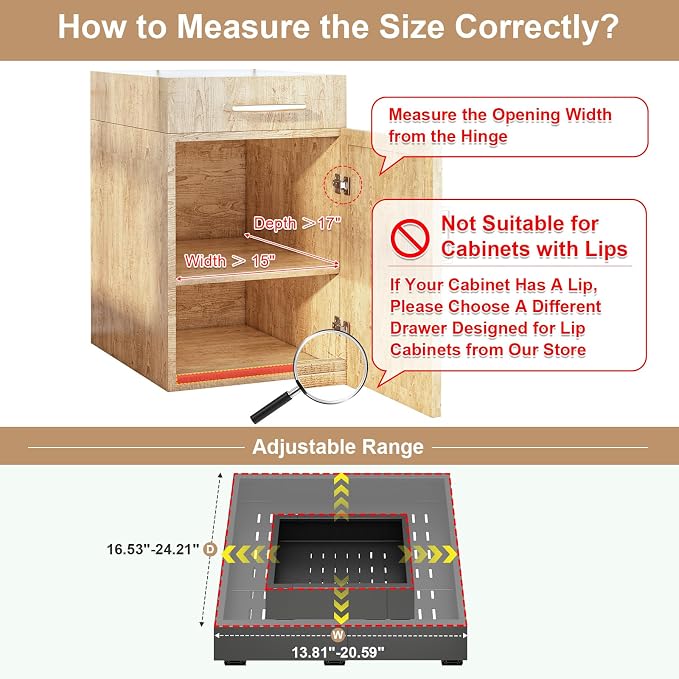 Fokyfok Pull out Cabinet Organizer,14"-21"W,17"-24"D,Expandable,Adhesive | No Drill,3 Rails,Adjustable Slide out Drawers for Kitchen,Pantry,Roll out Shelves,for Cabinets Without Lip,Bathroom,Black,1PC - Image 2