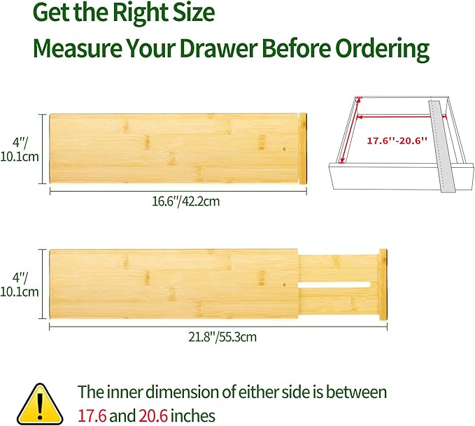 VaeFae 6 Pack Bamboo Drawer Dividers, 4" High Adjustable 16.6" - 21.8" Clothes Drawer Organizers, Expandable Separators for Bedroom/Bathroom/Kitchen/Office Storage - Image 2