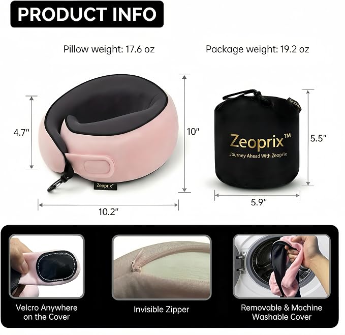 Memory Foam Wrap Around Travel Neck Pillow for Airplane, Pink | Travel pillow for airplanes with adjustable 360° neck support, breathable, washable cover, eye mask, earplugs & compact bag - Image 5