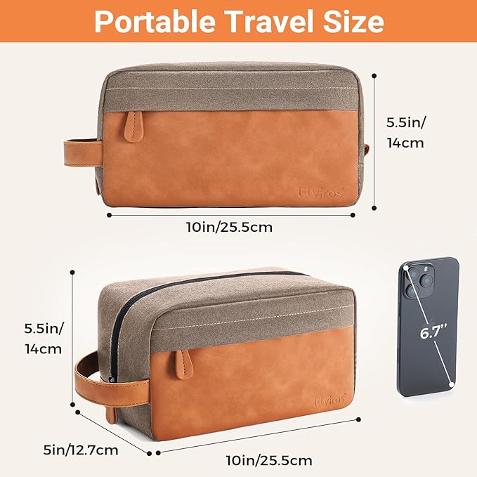 Elviros Travel Toiletry Bag for Men, Hanging Toiletries Bag Water Repellent Dopp Kit PU Leather Travel Bag for Toiletries Accessories, Khaki - Image 3
