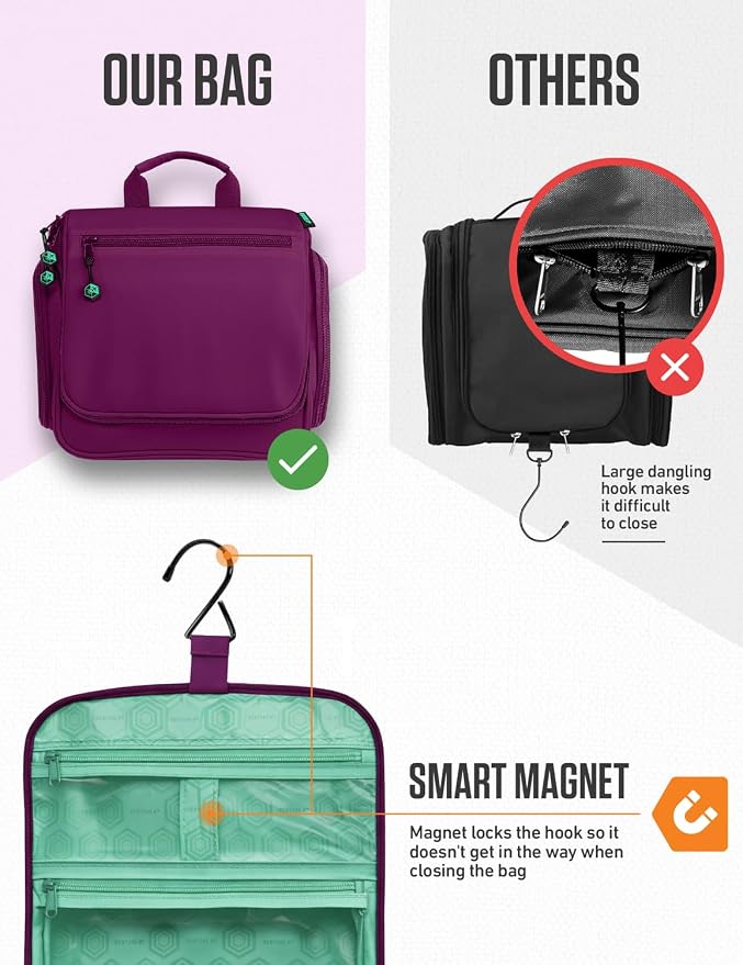 VENTURE 4TH Hanging Travel Toiletry Bag, 18 Compartments - Purple/Mint | Hangs on rails, hooks or doors; stands upright. Removable TSA pouch. Water-resistant Nylon 290D Twill, reinforced stitching. - Image 6