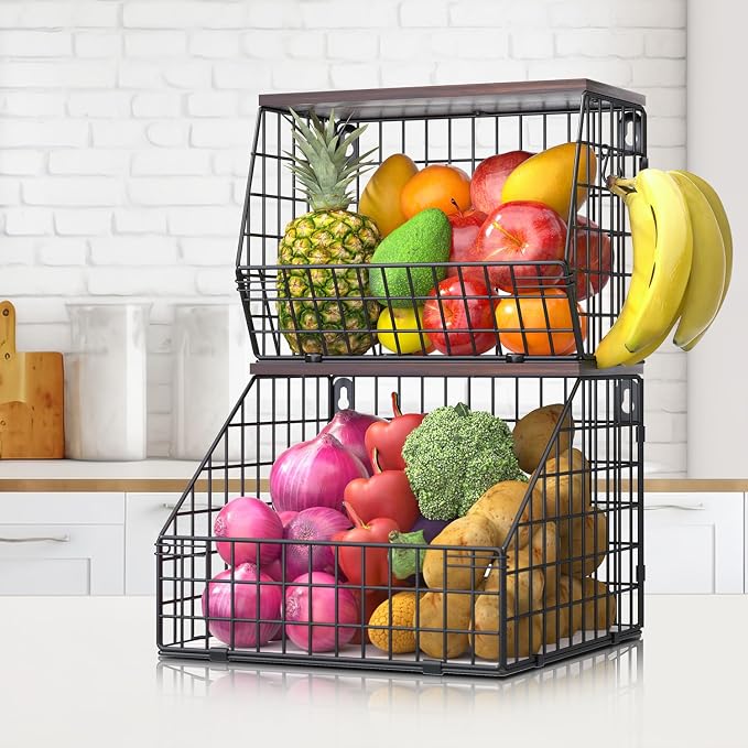 Fruit and Vegetable storage, 2 Set Wall Mounted Wire Baskets, Fruit Basket for Kitchen Counter, Hanging Fruit Basket, Potato Onion Basket, Wire Basket for Organizing, Countertop Organization Pantry - Image 8