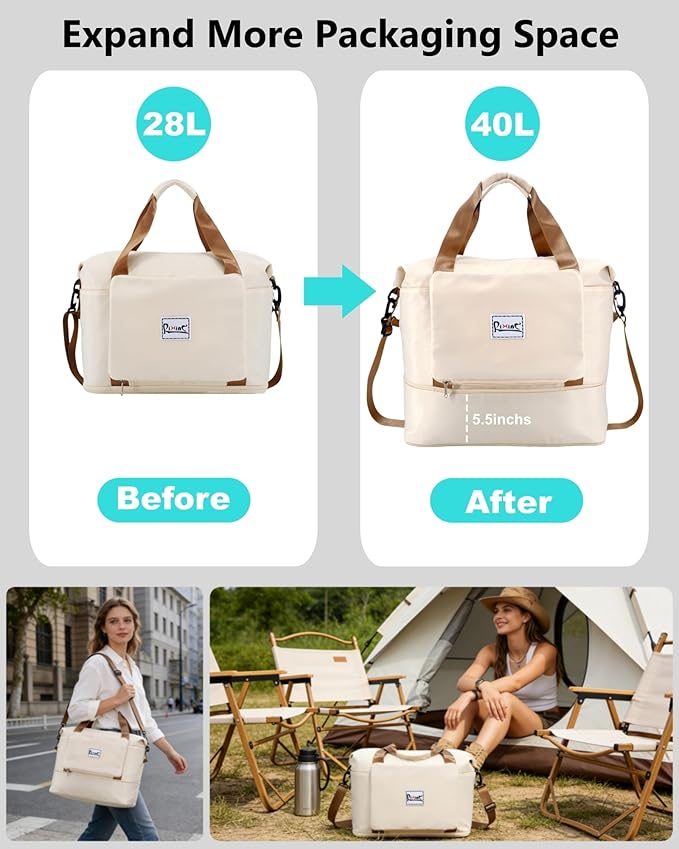 Foldable Travel Duffel Bag for Women, Beige | 40L Expandable Water-Resistant Carry on Bag, Personal Item Travel Bag Flight Approved with Wet Pocket for Gym Travel, Nylon - Image 2
