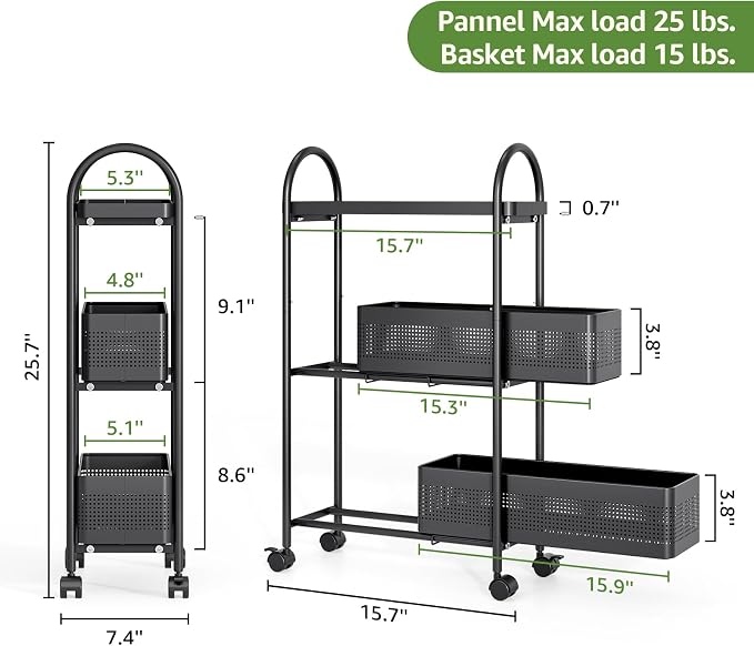KINGRACK 3 Tier Slim Rolling Cart with Drawer, Metal Utility Storage Cart | 2 Pull-out Baskets, Lockable Wheels, Narrow Space Trolley Organizer for Bathroom, Kitchen, Office, Dorm, Laundry Room, Black - Image 6