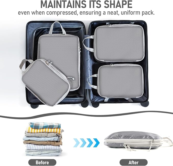 6 Set Compression Packing Cubes, Suitcase Organizer, Lightweight Travel Essentials, Compression Bags For Travel Accessories Luggage Storage Set (6Pcs, Gray) - Image 5