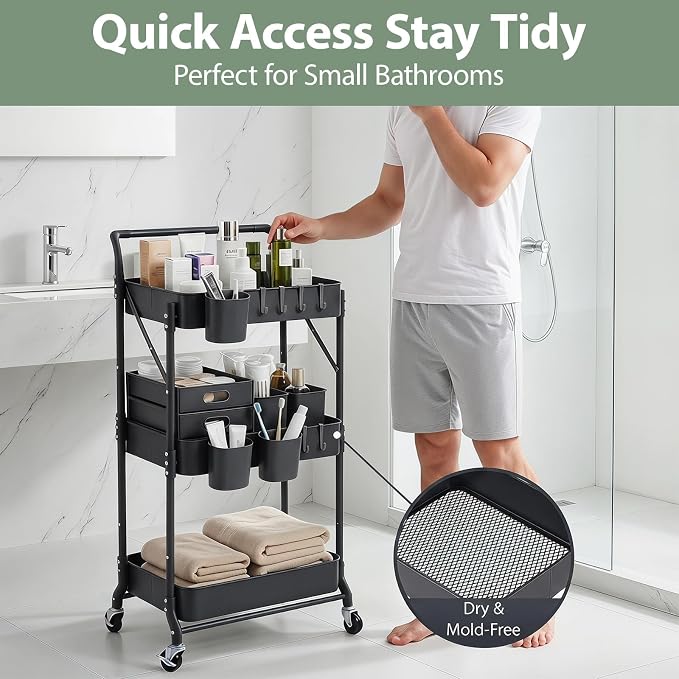 Amatic 3 Tier Foldable Rolling Cart with Wheels, Folding Utility Cart Organizer, Collapsible Rolling Storage Cart with 3 Hanging Cups & 6 Hooks for Kitchen, Office, Nursery(Black) - Image 9