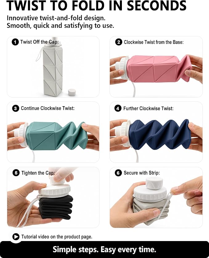 BEAUTAIL Collapsible Water Bottles 21oz/610mL, Silicone Travel Water Bottle | BPA Free, Leakproof & Reusable, Foldable Water Bottle for Traveling, Hiking, Gym, School, Sports, Outdoor, 1-Pack, Black - Image 7