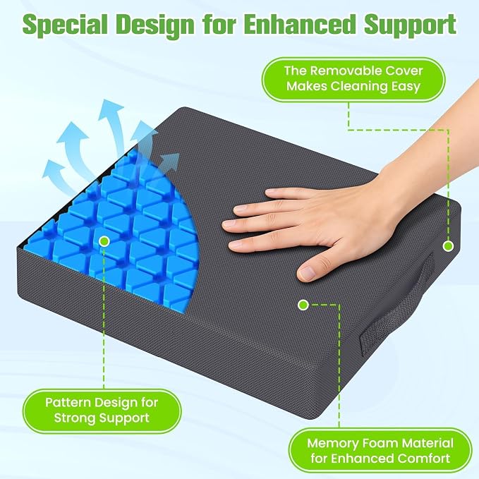 Seat Cushion for Office Chairs, Memory Foam Chair Cushion with Patterned Core for Even Support, Back, Tailbone & Sciatica Relief, Chair Pillow with Carry Handle for Car, Wheelchair(Gray - Image 2