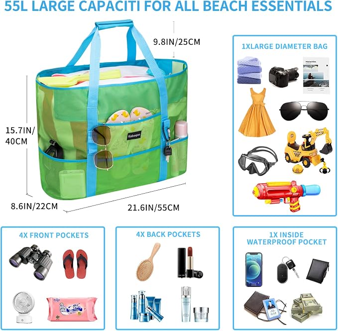 KABAQOO Mesh Beach Bag, Extra Large Beach Bags with 9 Pockets & Zipper Waterproof Lightweight Beach Tote for Beach/Pool Trip - Image 3