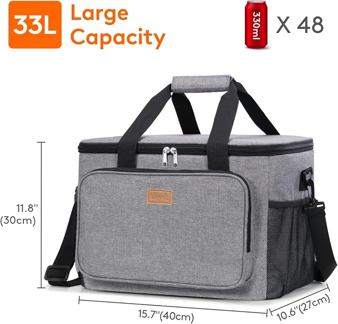 Lifewit Medium Lunch Bag Insulated Lunch Box Soft Cooler Cooling Tote for Adult Men Women, Gray 48-Can (33L) - Image 3
