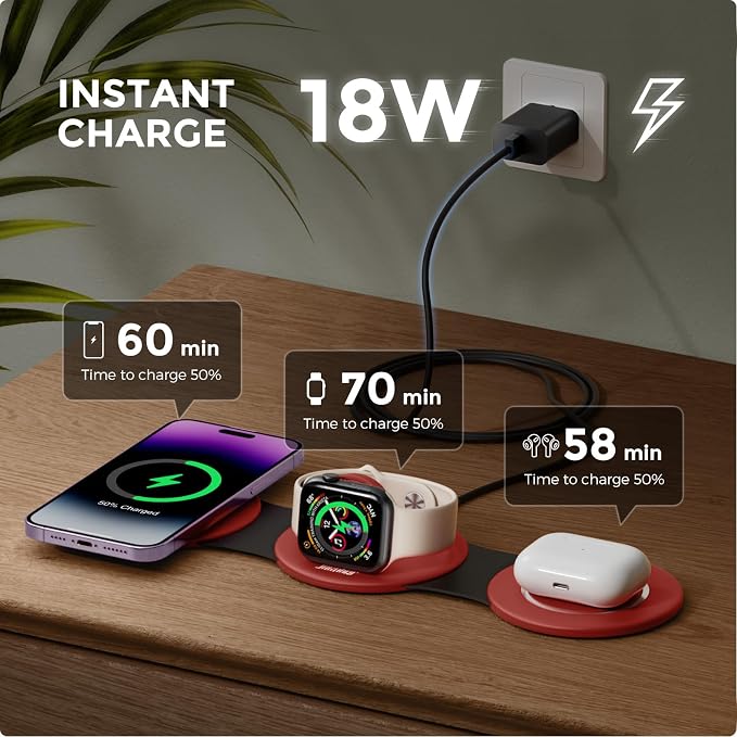 HICOBER 3IN1 Wireless Charging Station for iPhone, Watch, AirPods, Dark Red | Charge 3 devices at once, foldable, case-friendly and ready for travel - Image 2