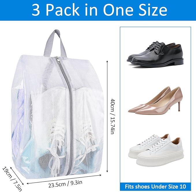 SelfTek Shoe Bags for Travel - 3 Pack 1 Size Double-Sided Zipper Shoe Bag for Men & Women, Waterproof Portable Shoe Storage Pouch with Handle, Family Travel Accessories - Medium Size - Image 2