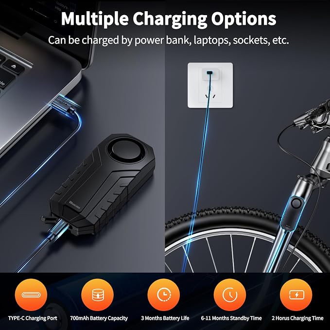 WSDCAM 113dB Wireless Bike Alarm with Remote, Rechargeable Bicycle Alarm System Anti Theft, IP65 Waterproof, 3 Volume Bike Alarms for E-Bikes, Motorcycles, Scooter, Outdoor Riding and Cycling Safety - Image 4