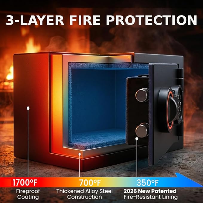 [2026 0.5H 1700°F] Mini Fireproof Safe, 14.8Lbs Heavy Duty Fire Safe Box | with Alarm System, Sensor LED Light, Wall Mountable Small Safes for Home Use - Image 2
