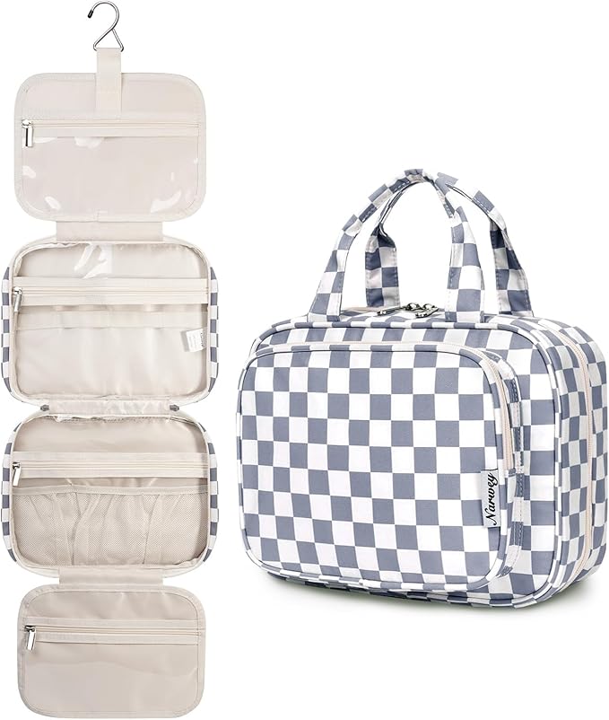 Narwey Hanging Toiletry Bag for Women Travel Makeup Bag Organizer Toiletries Bag for Travel Size Essentials Accessories Cosmetics (Grayish Blue Checkerboard (Medium)) by Narwey