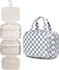Narwey Hanging Toiletry Bag for Women Travel Makeup Bag Organizer Toiletries Bag for Travel Size Essentials Accessories Cosmetics (Grayish Blue Checkerboard (Medium)) by Narwey