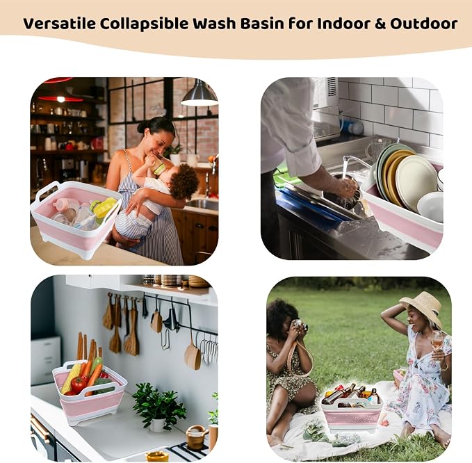 Collapsible Wash Basin for Baby Bottles - 2.4 Gallons Portable Wash Bin for RV Camping Sink, Space-Saving Dish Tub (Pink) - Image 6