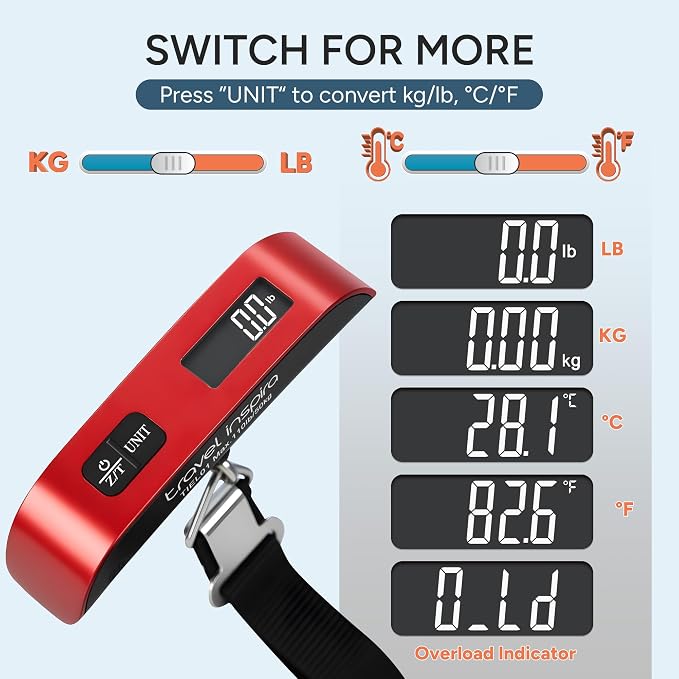 travel inspira Luggage Scale, Portable Digital Hanging Baggage Scale for Travel, Suitcase Weight Scale with Rubber Paint, 110 Pounds, Battery Included - Image 8