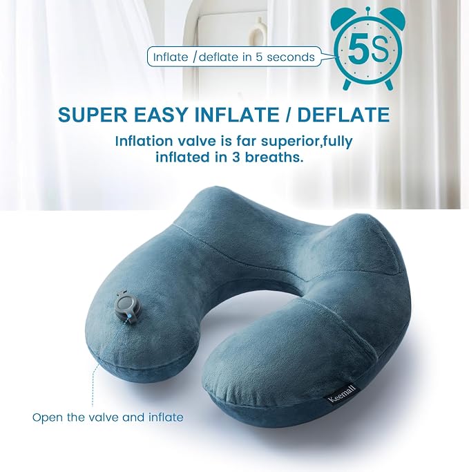 Keemall Inflatable Travel Neck Pillow for Airplane & Long Flights, 2 Pack | Upgraded Support Inflatable Neck Cushion, Ergonomic Design, Washable Cover for Sleeping & Traveling, Long Flights - Image 3