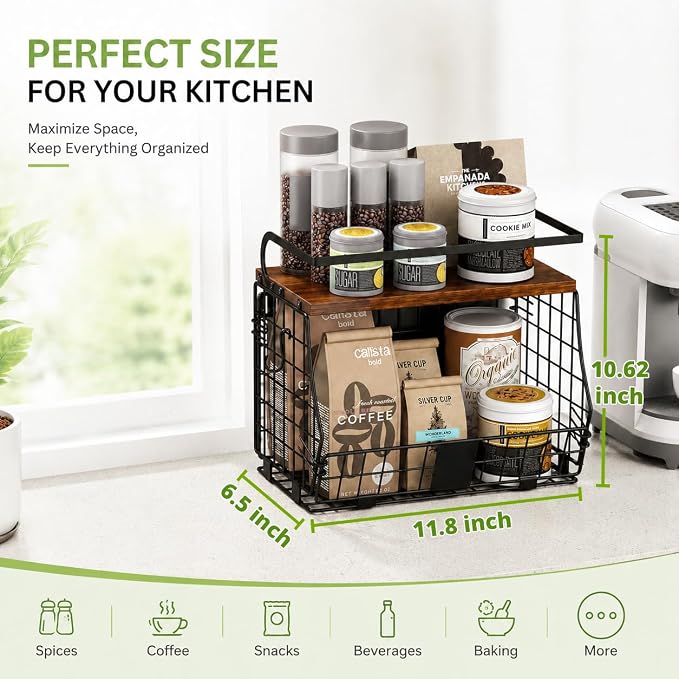 Magnetic Shelf for Fridge with Wood Top & Produce Basket – 2-in-1 Magnetic Spice Rack for Refrigerator – Space-Saving Kitchen Organizer for Fruits, Potatoes, and Onions (with Hooks) - Image 5