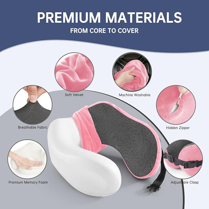 Neck Pillow Travel Pillow - 100% Pure Memory Foam Airplane Pillow with Adjustable Clasp & Removable Cover, Portable Travel Essentials for Long Flights, Car & Office (Pink, with Eye Mask) - Image 3