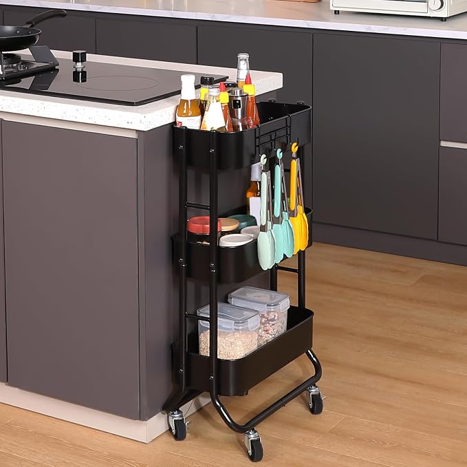 MAX Houser Slim 3-Tier Rolling Utility Cart with Extra Hook, Black | Narrow Metal Bathroom Storage Multifunctional Organizer Carts with Wheels with Extra Hook, Laundry Room,Kitchen,Small Space - Image 4